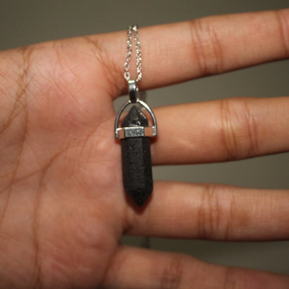 Black Lava Stone Hex Crystal Pendant Necklace – Silver Tone Chain - Picture 7 of 8